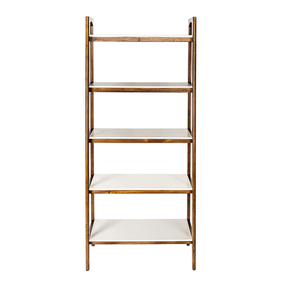 Mid-Century 5 Shelf Bookcase with Solid Rubber Wood Frame - Off White / Pecan, photo 5 of 5