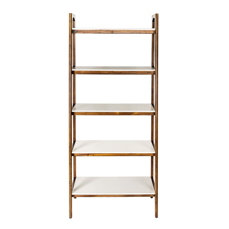 Mid-Century 5 Shelf Bookcase with Solid Rubber Wood Frame - Off White / Pecan, photo 5 of 5