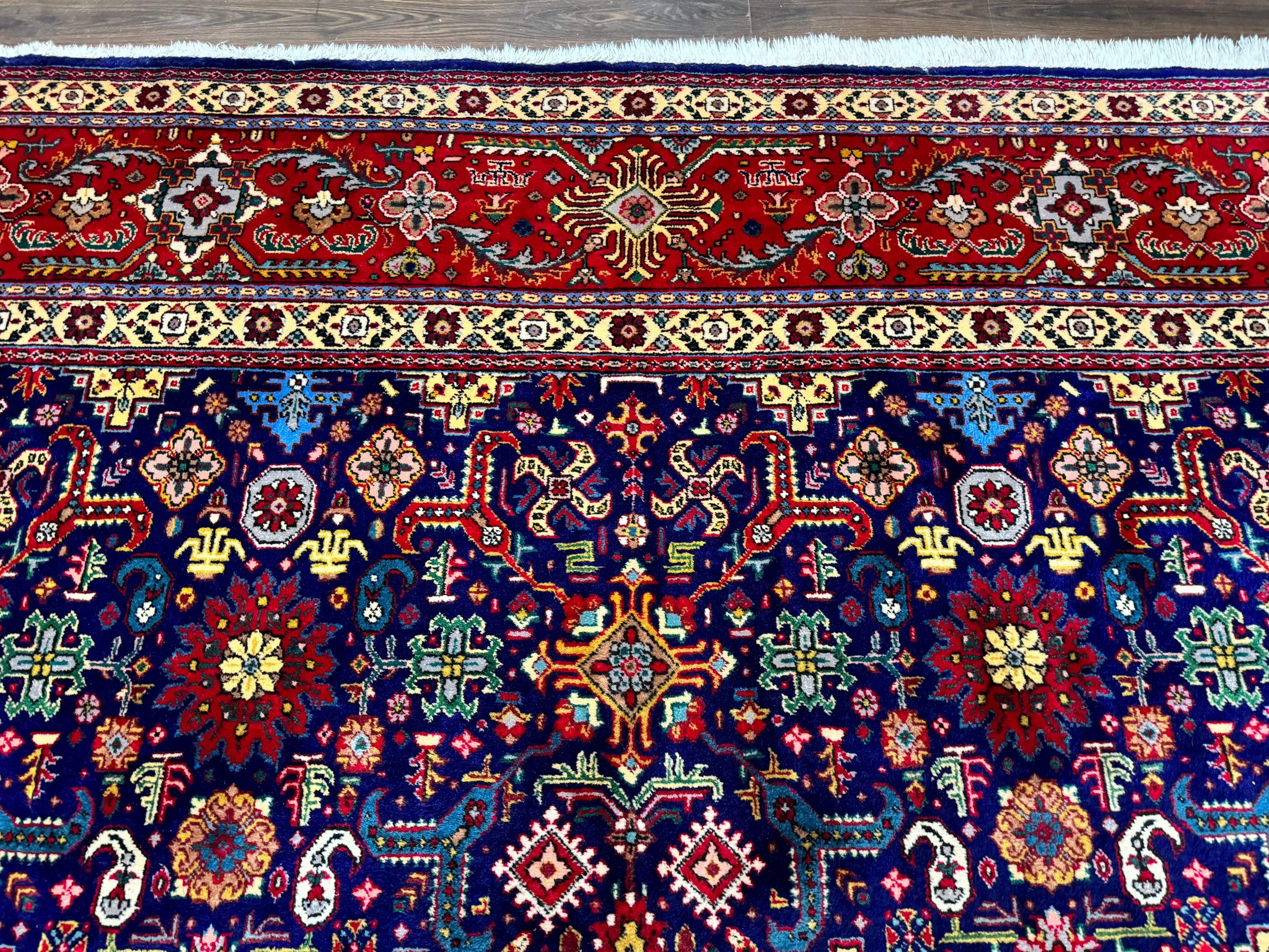 Large Persian Tabriz Rug 10x16, Navy Blue and Red, Allover Pattern, Vintage Hand Knotted Wool Carpet by Jewel Rugs