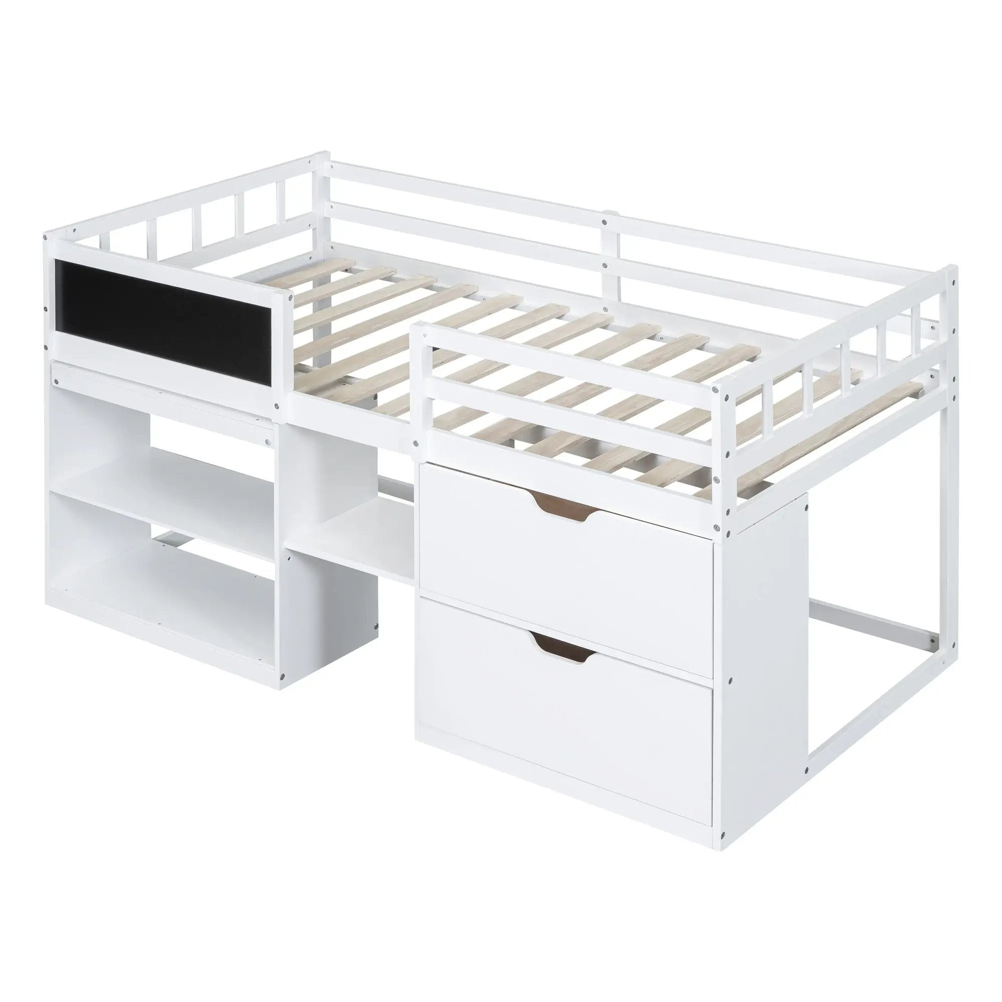 Low Loft Bed With Rolling Desk, Shelf And Drawers by HouseOfZazla