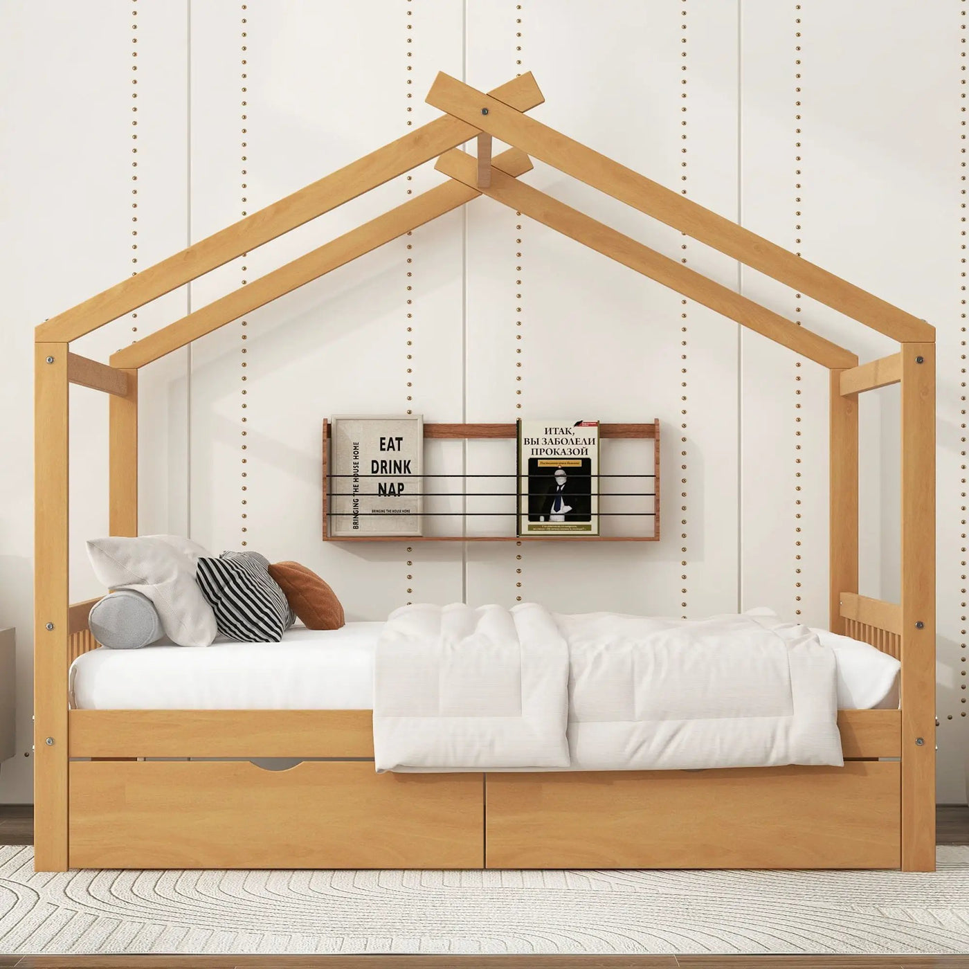 House Style Platform Bed With Headboard, Footboard, 2 Drawers, And Roof Design by HouseOfZazla