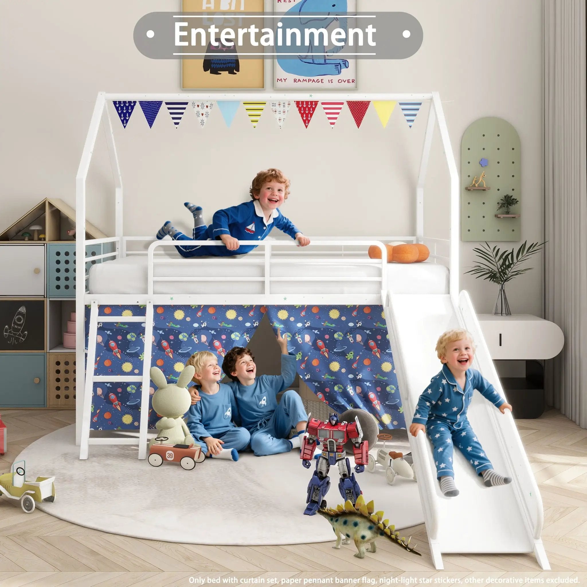 Jack - House Loft Bed With Slide And Curtain Set by HouseOfZazla