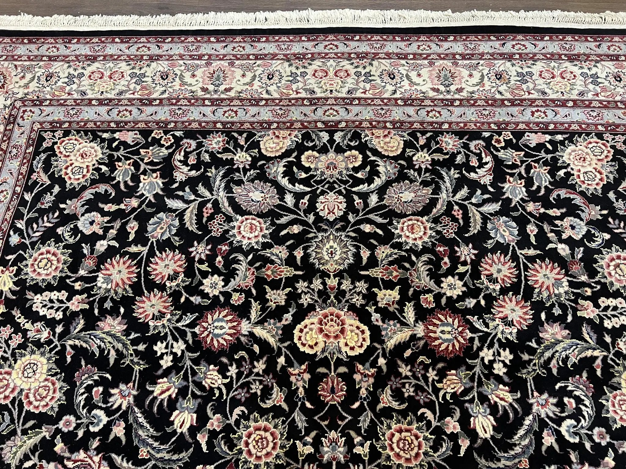 Pak Persian Rug 9x12, Floral Allover, Hand Knotted Oriental Carpet 9 x 12 ft, Black and Cream, Detailed, Wool with Silk Highlights, Vintage by Jewel Rugs