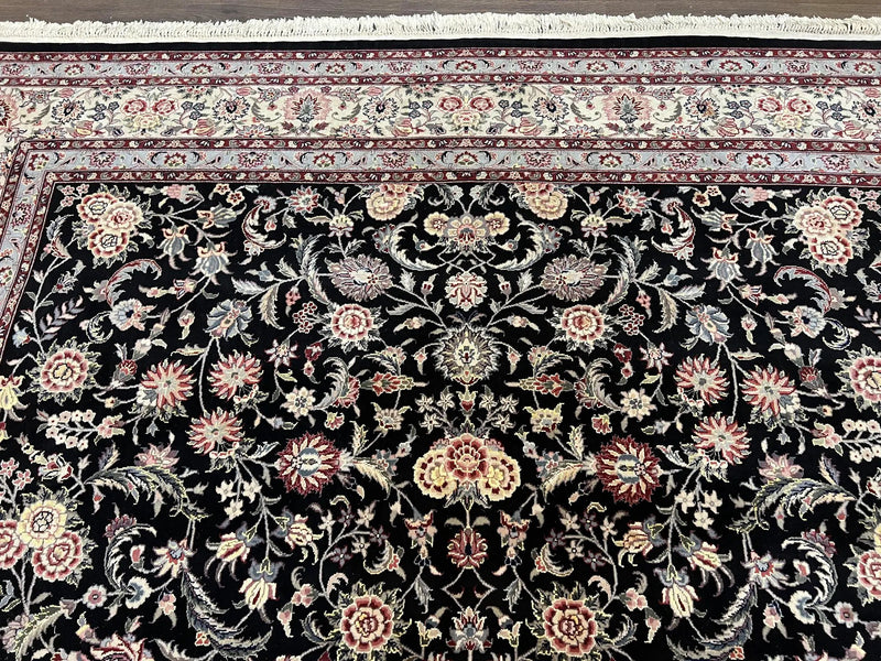 Pak Persian Rug 9x12, Floral Allover, Hand Knotted Oriental Carpet 9 x 12 ft, Black and Cream, Detailed, Wool with Silk Highlights, Vintage by Jewel Rugs
