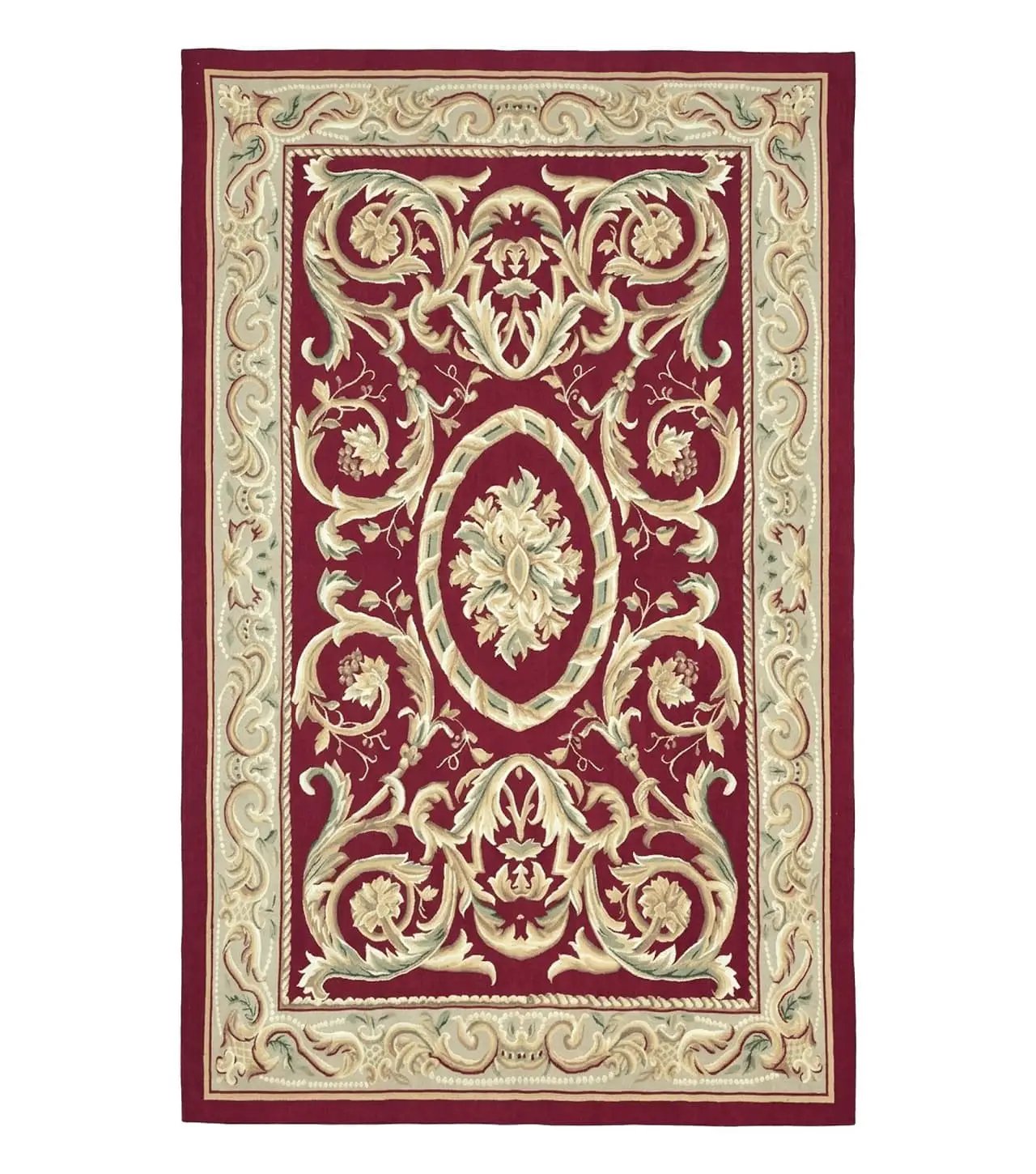 Burgundy Aubusson Rug 6x9, Vintage Wool Carpet by Jewel Rugs