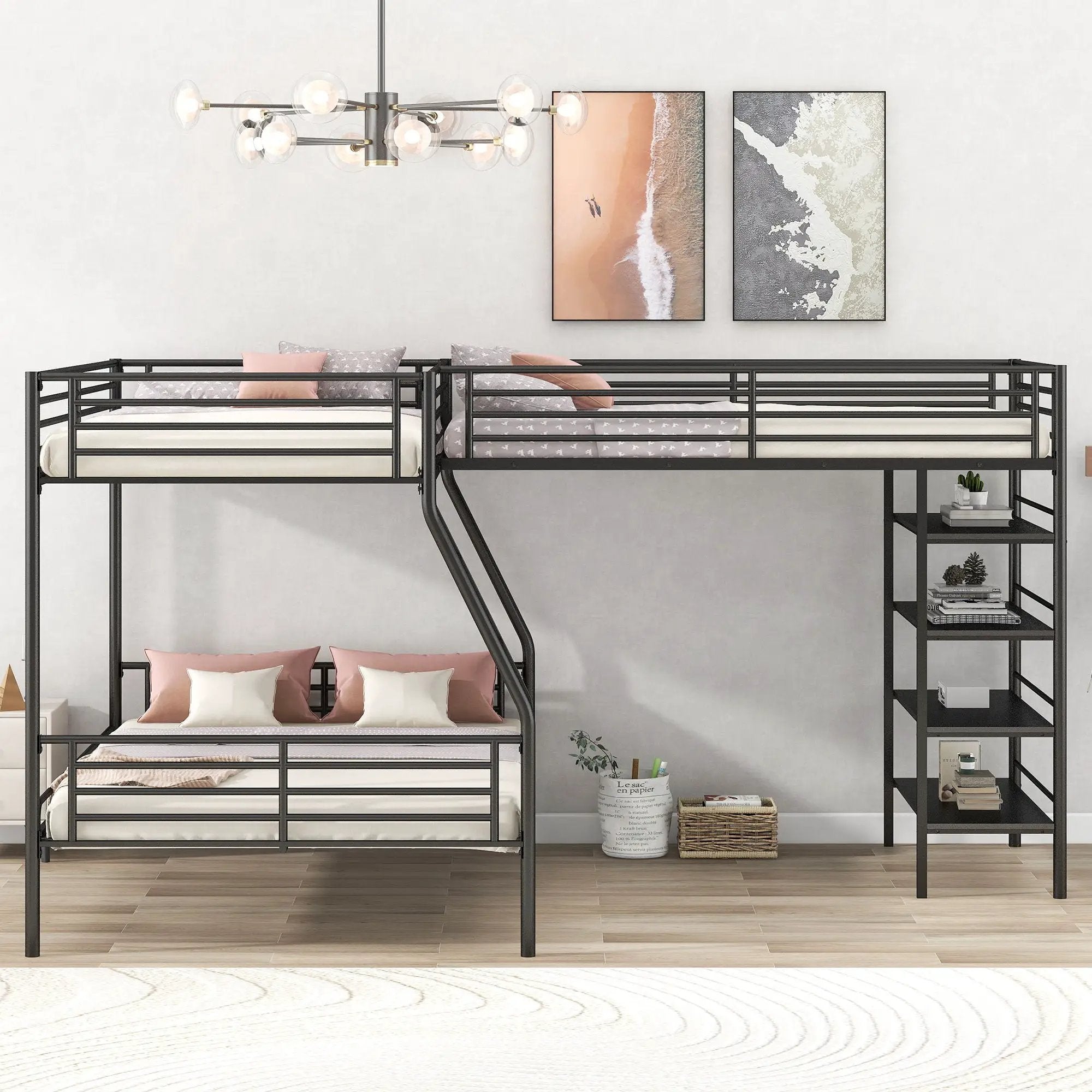 L-Shaped Twin Over Full Bunk Bed And Twin Loft Bed With 4 Built In Shelves - Black by HouseOfZazla