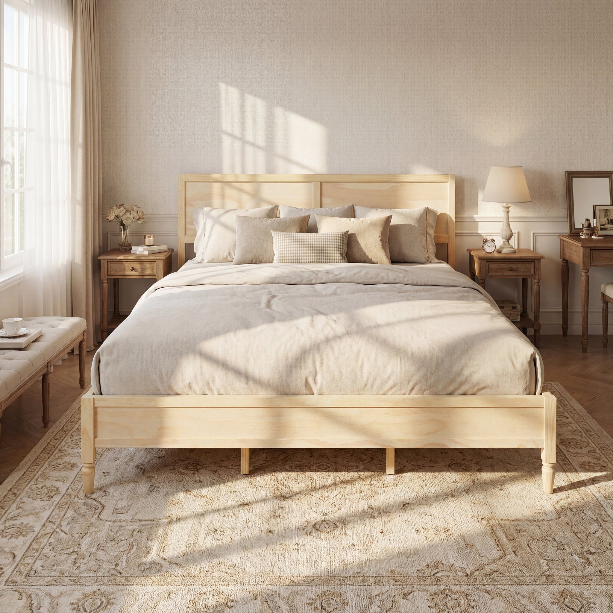 King Size Wood Platform Bed Frame with Classic Panel Headboard by HouseOfZazla