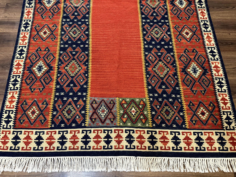Turkish Kilim Rug 5x8, Flatweave Carpet, Handmade Bohemian Rug, Terracotta and Navy Blue by Jewel Rugs