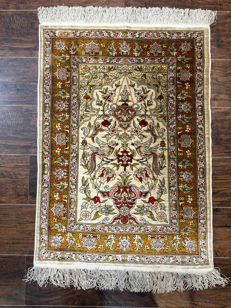 Silk Turkish Hereke Rug 2x3, Birds Lantern Very Fine 400 KPSI, Signed by Masterweaver, Wonderful, Rare, Small Hereke Rug by Jewel Rugs