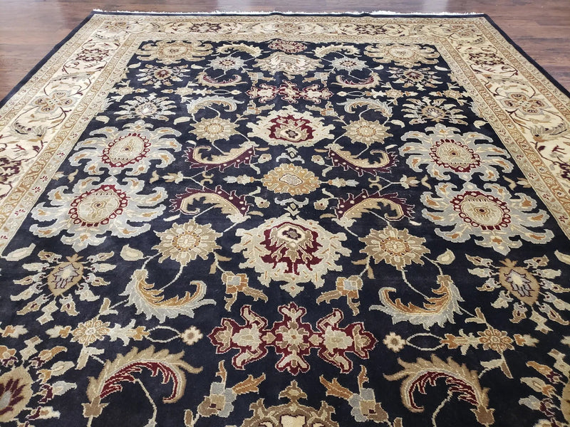 Indo Mahal Rug 8x12, Indian Sultanabad Handmade Area Rug, Vintage Hand-Knotted Wool Black Floral Traditional Oriental Dinning Room Rug by Jewel Rugs