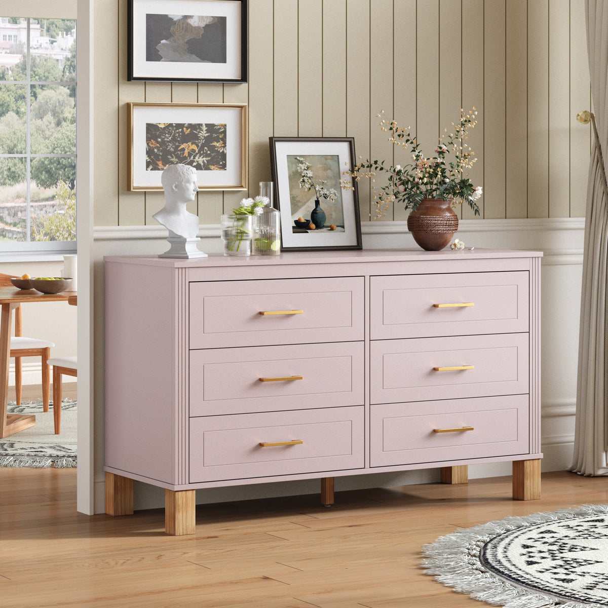 6-Drawer Double Dresser , Modern Storage Cabinet with Metal Handles & Solid Wood Legs, Dresser Drawer Organizer for Kids Bedroom, Heavy-Duty Wooden Dresser with Pre-Installed, photo 2 of 10