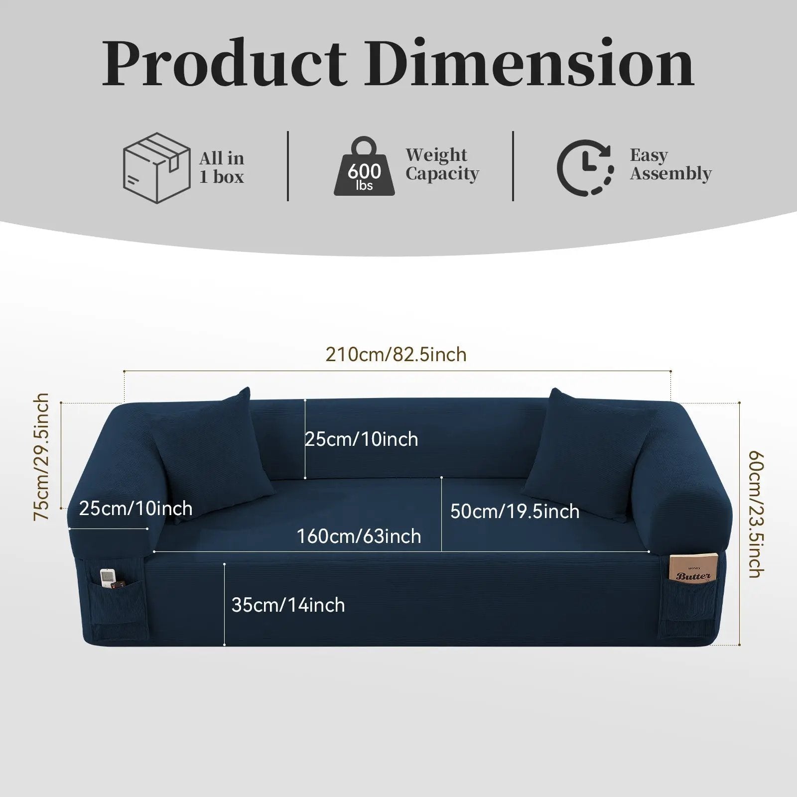 Spring Sofa with High-Quality Fabric, Pillows & Storage in Blue by HouseOfZazla