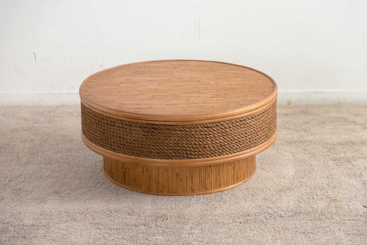 31.5" Round Retro Coffee Table With Flip-top Cover - Hemp Rope + Rattan,Featuring a Vintage, photo 7 of 10