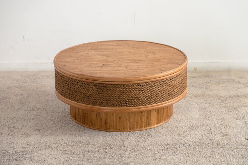 31.5" Round Retro Coffee Table With Flip-top Cover - Hemp Rope + Rattan,Featuring a Vintage, photo 7 of 10