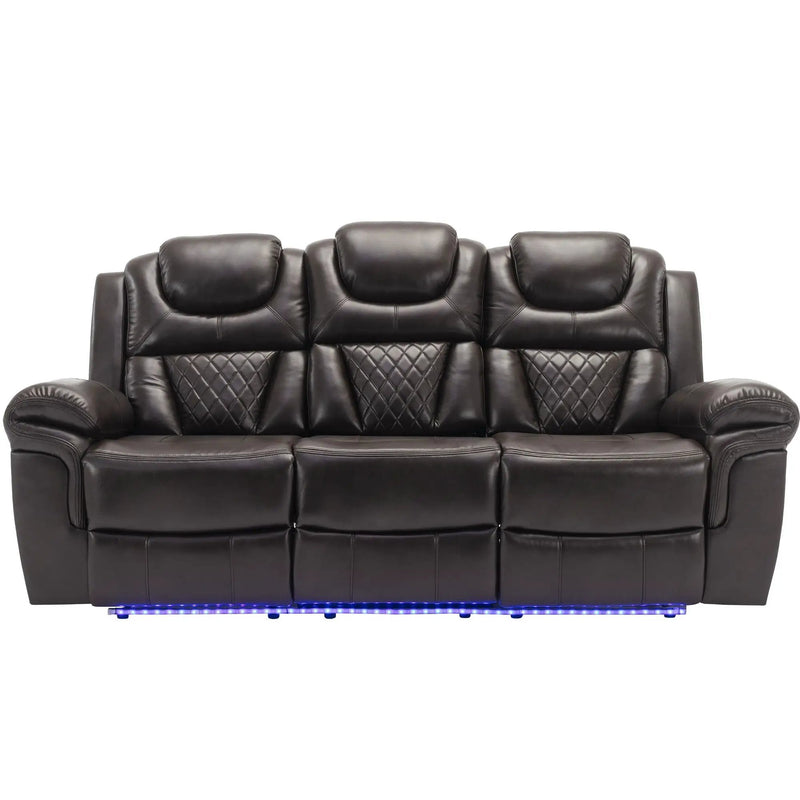 3 Pieces Recliner Sofa Sets Home Theater Seating Manual Recliner Chair & Center Console And LED Light Strip For Living Room - Brown by HouseOfZazla