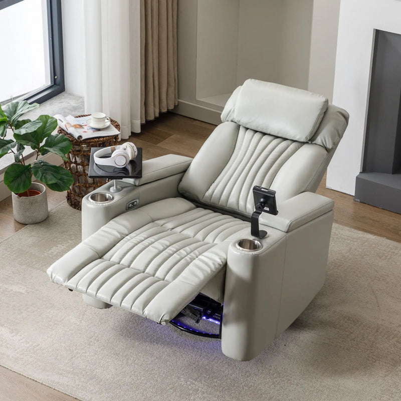 270° Power Swivel Recliner Home Theater Chair With Hidden Arm Storage, LED Light, Cup Holder, And Tray Table by Unique Piece Furniture