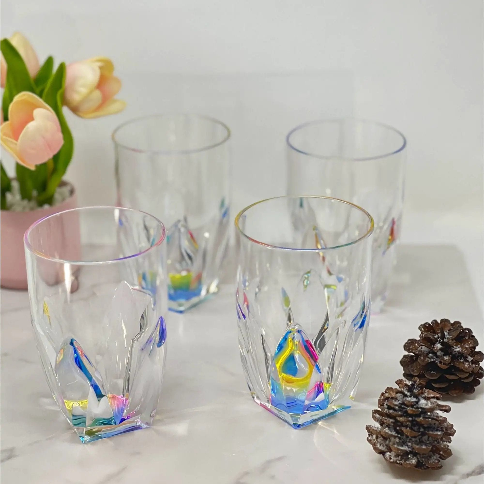 Rainbow Diamond Acrylic Glasses Drinking (Set of 4) Hi Ball 17Oz, Bpa Free Plastic Cocktail Glasses - Clear by HouseOfZazla