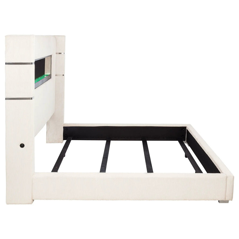 Tisdall Upholstered Eastern King Flame Visualizer Bed Cream by Unique Piece Furniture