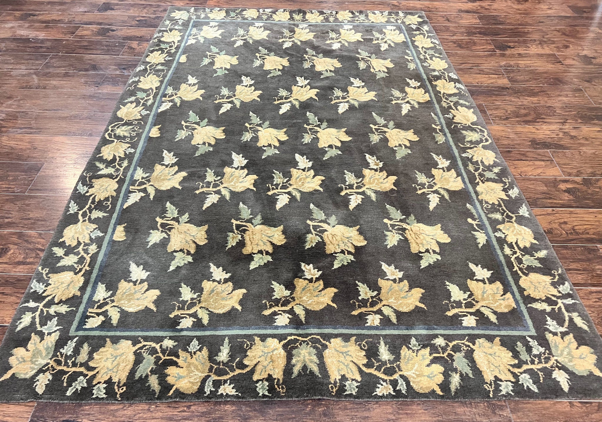 Tibetan Nepal Rug 6x9, Wool Hand Knotted Vintage Carpet 6 x 9, Dark Green & Golden Yellow, Floral Bouquets by Jewel Rugs