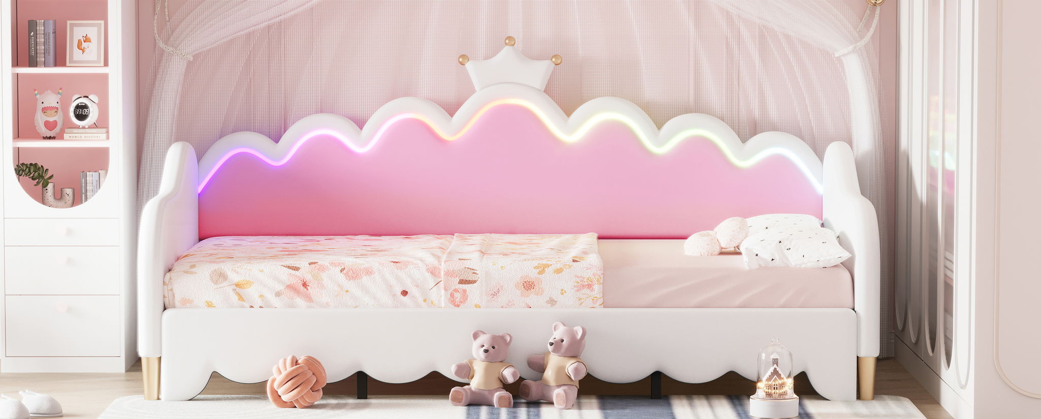 Extending Daybed With LED Lights, Modern Upholstered Princess Daybed With Crown Headboard by HouseOfZazla