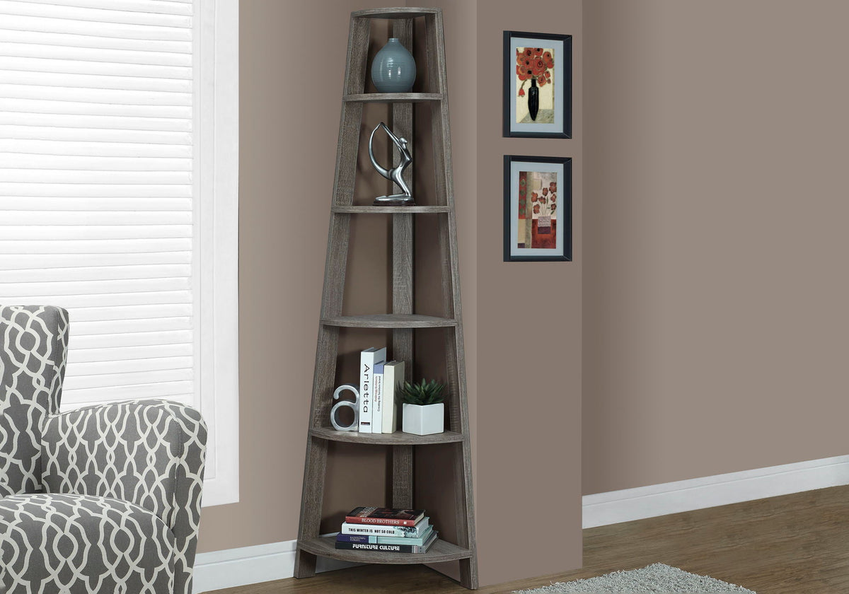 Taupe 5-Tier Corner Bookshelf with Fixed Shelves - Contemporary Wood-Look, photo 4 of 4