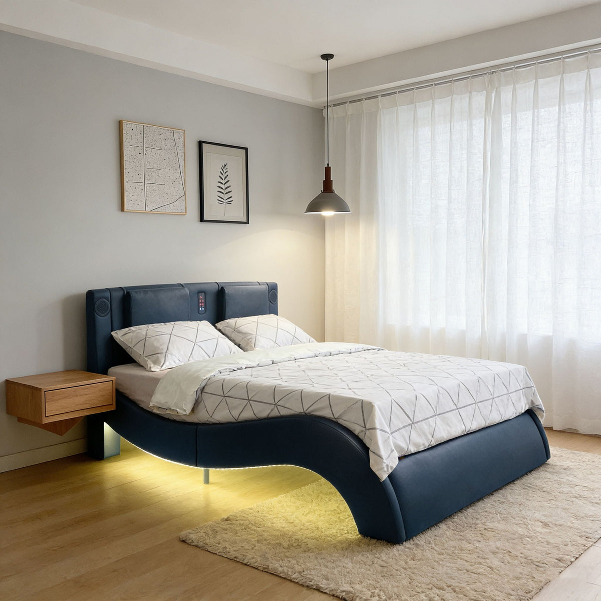 Platform Bed Frame with LED Lighting, Bluetooth & Massage - Faux Leather, photo 15 of 16