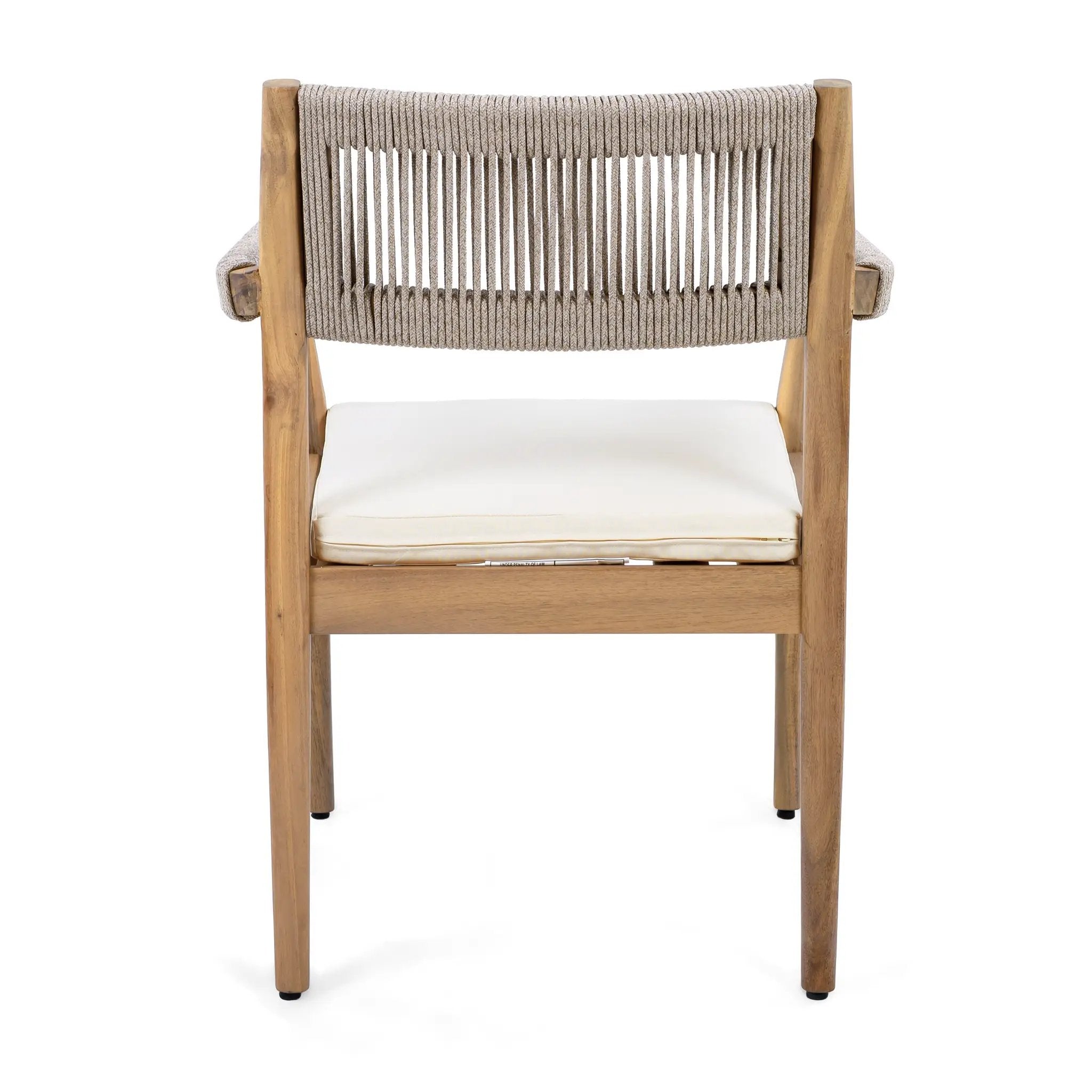 Braided Acacia Wood Outdoor Dining Chairs Set of 2 – Teak Look with Beige Rope & Cream Cushions by HouseOfZazla