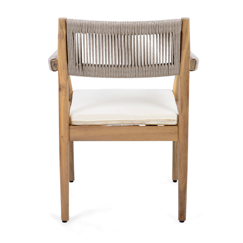 Braided Acacia Wood Outdoor Dining Chairs Set of 4 – Teak Look with Beige Rope & Cream Cushions by HouseOfZazla