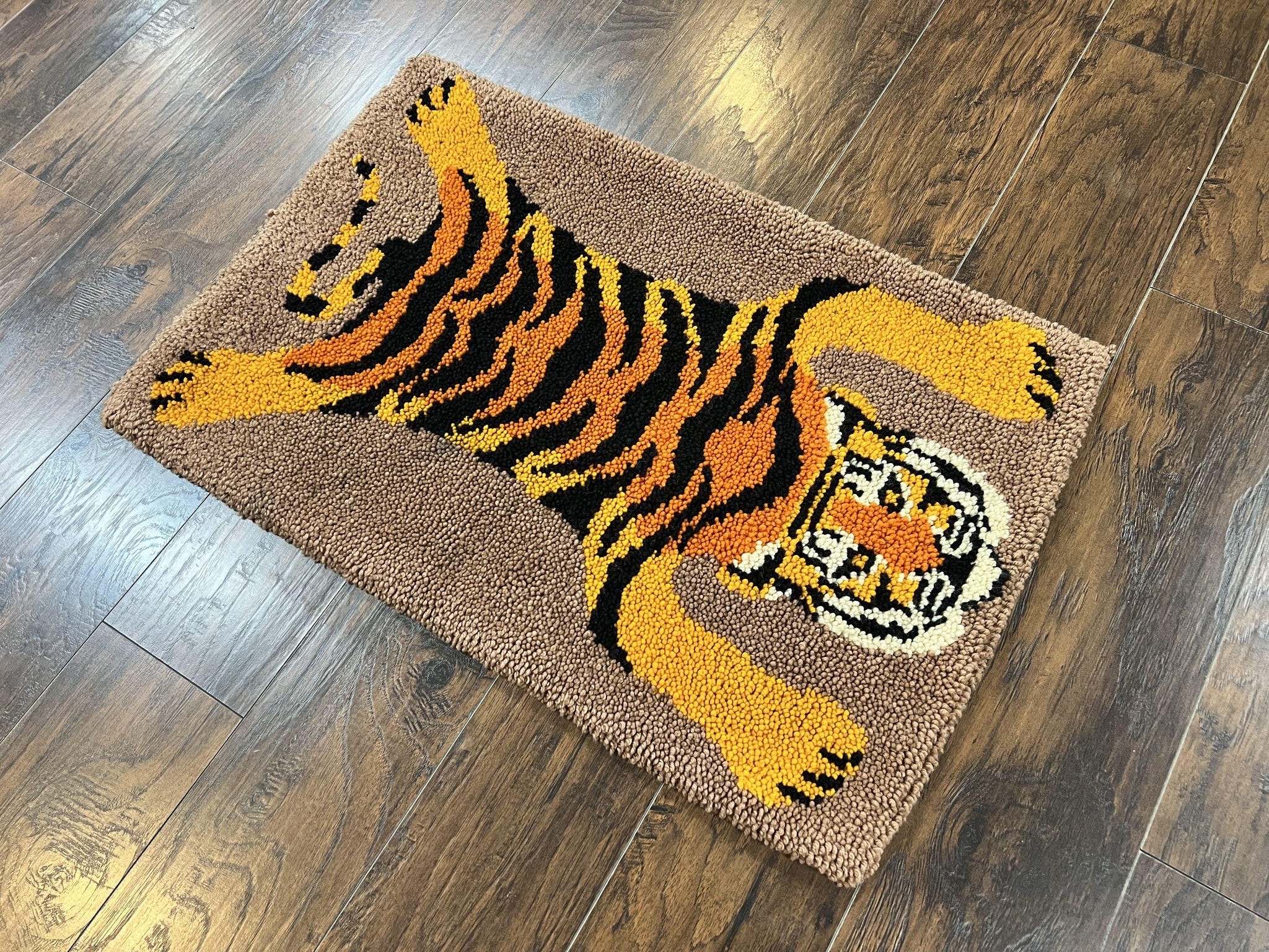 Small Hooked Rug 2x3, Tibetan Tiger Design, Wool, Unique Hooked Rug, Vintage by Jewel Rugs