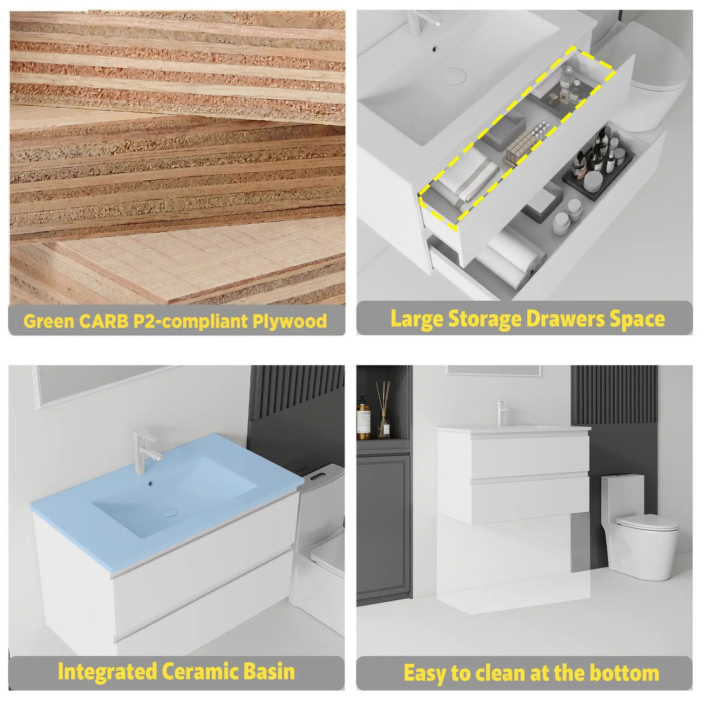 30 Inch Floating Bathroom Vanity with Sink, Soft-Close Drawer, Ceramic Sink, Plywood by HouseOfZazla