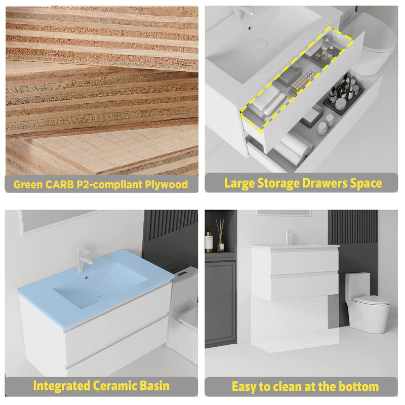 30 Inch Floating Bathroom Vanity with Sink, Soft-Close Drawer, Ceramic Sink, Plywood by HouseOfZazla