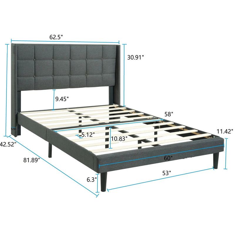 Queen Size Upholstered Platform Bed Frame With Button Tufted Linen Fabric Headboard - Dark Gray