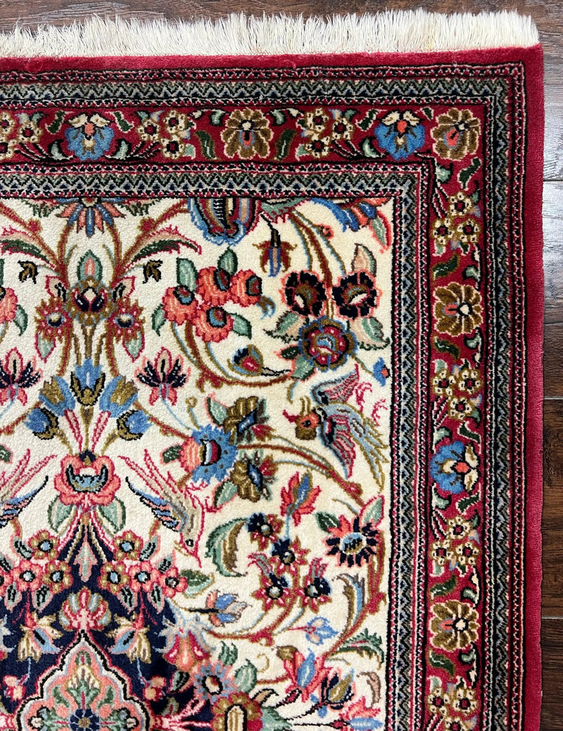 Wonderful Persian Qum Runner Rug 2.8 x 10 ft, Floral Medallions with Bird Motifs, Hand Knotted Wool Fine Oriental 10ft Hallway Runner, Cream Red by Jewel Rugs