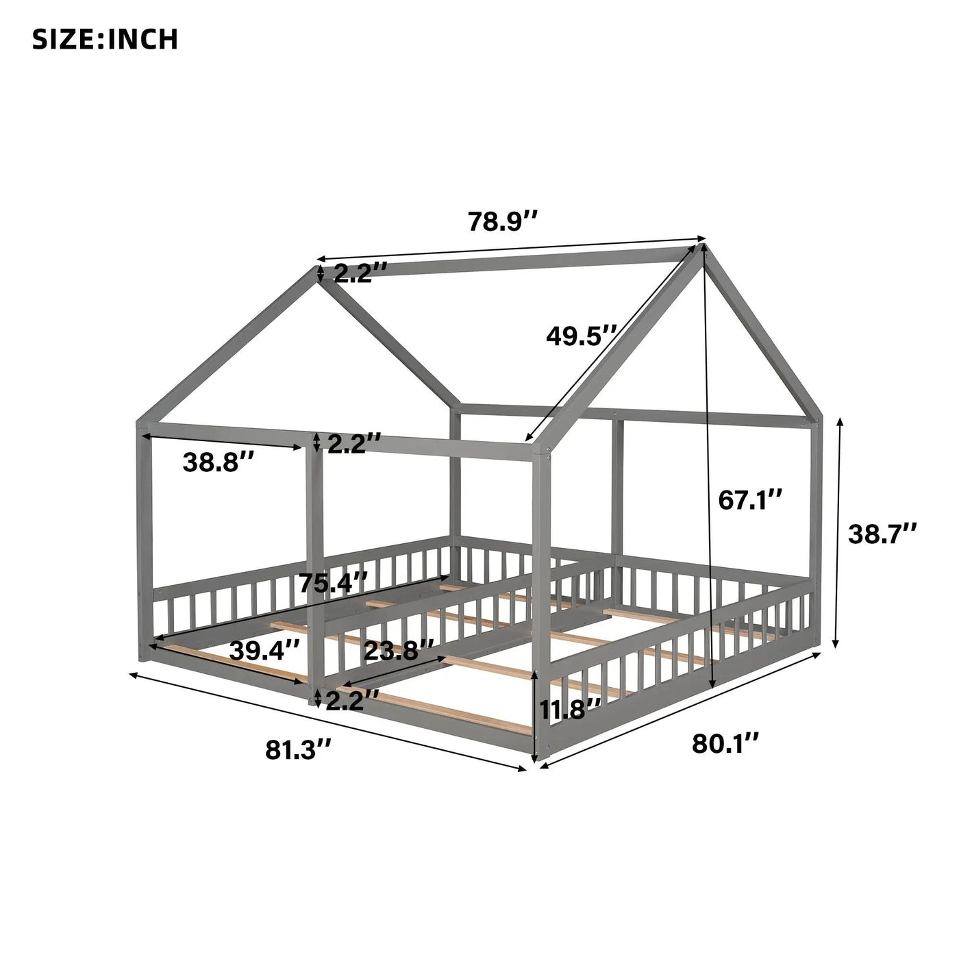House Platform Beds, 2 Shared Beds, Metal Frame With Guardrails by HouseOfZazla