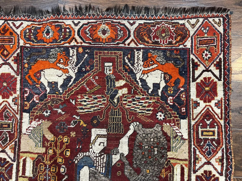 Antique Persian Shiraz Pictorial Rug 3.6 x 5, Persian Tribal Rug, Handmade, Lions, Highly Unique Collectible Small Persian Carpet, Maroon, Wool by Jewel Rugs