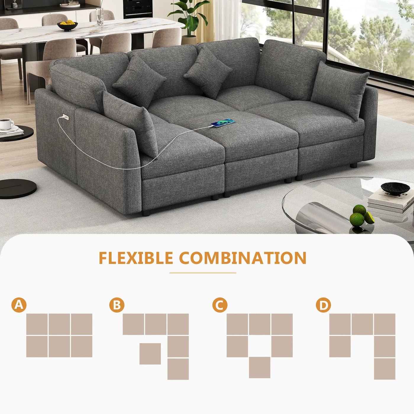 Sectional Sofa Modular U-Shaped With Ottoman & USB Ports by Unique Piece Furniture
