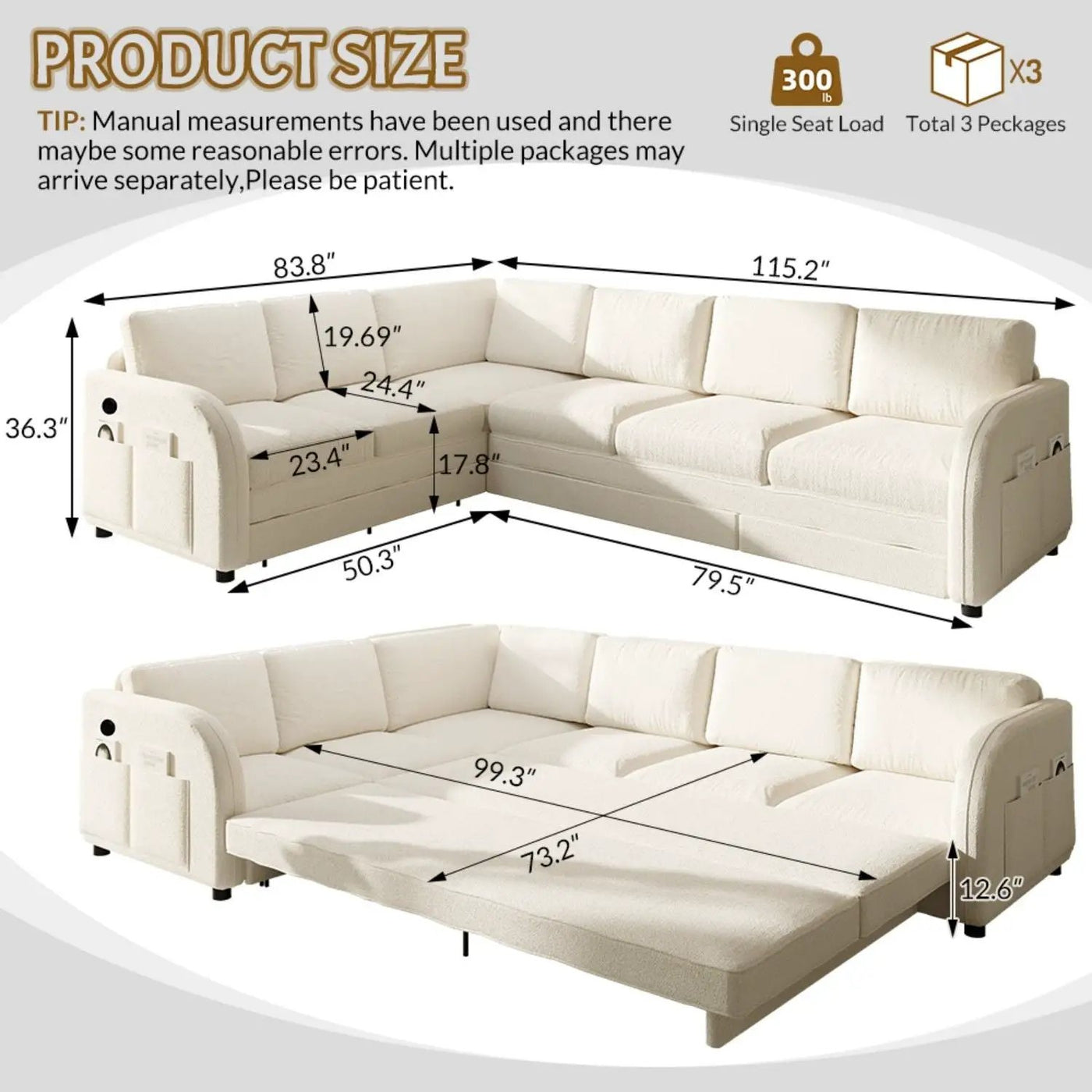 L-Shaped Couch With Pull-Out Bed, Convertible Sleeper Sofa With Side Pocket & USB Port by HouseOfZazla