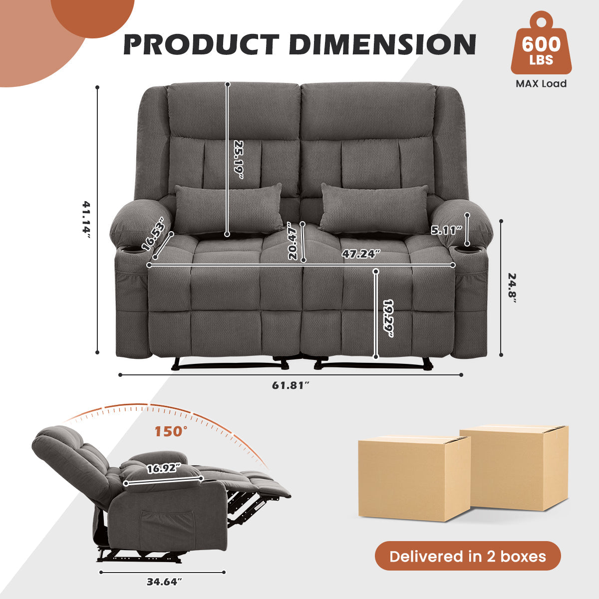 Manual Oversized Recliner Loveseat with Cup Holders - Grey or Blue, photo 8 of 10