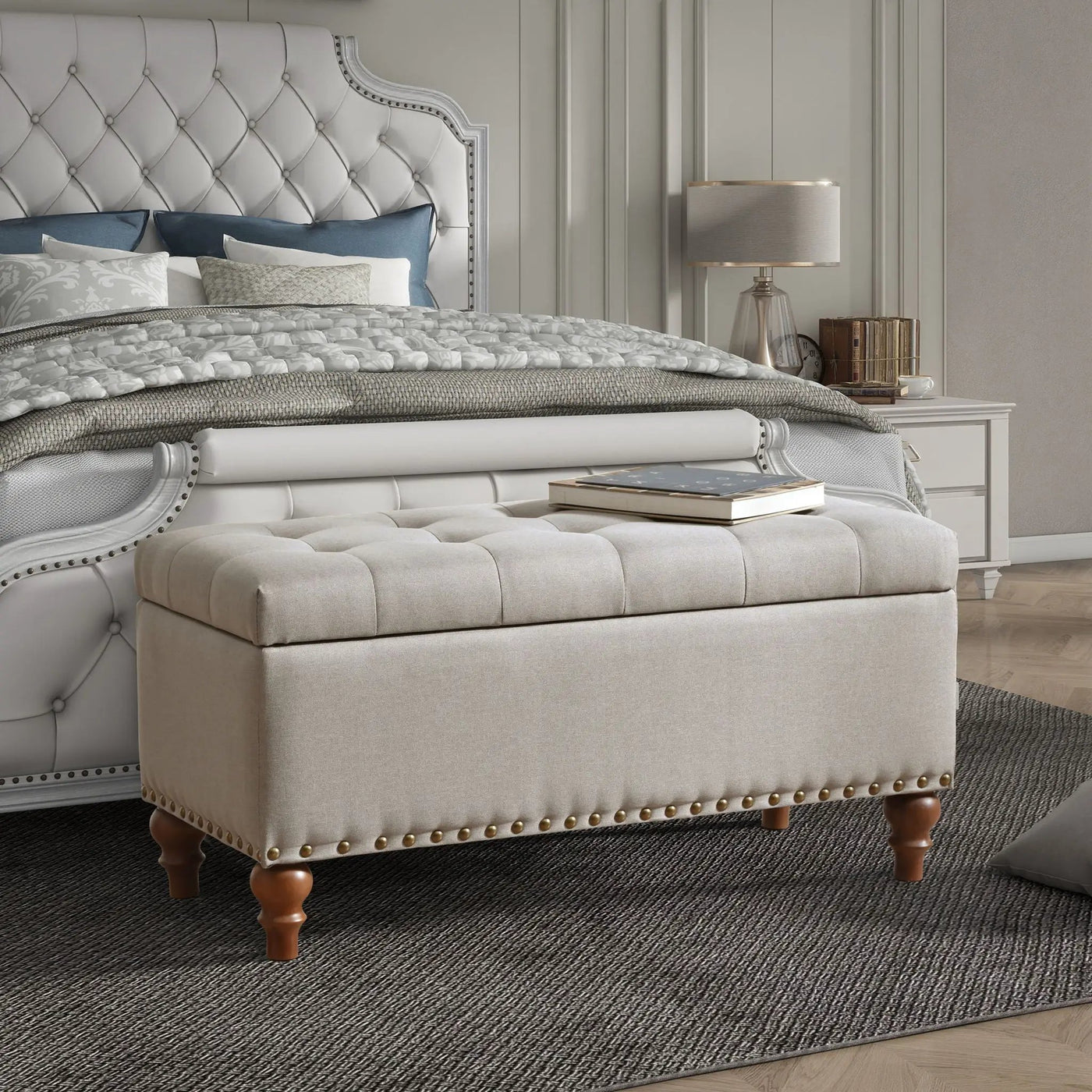 Upholstered Ottoman With Storage And Rivet Trim by HouseOfZazla