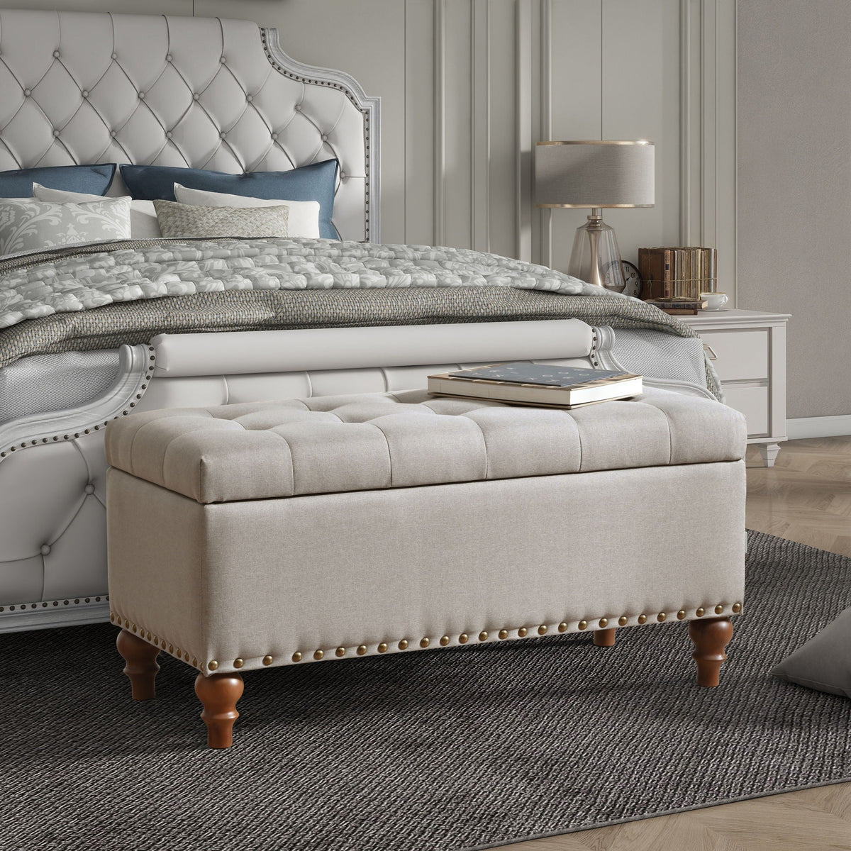 Upholstered Ottoman with Storage and Rivet Trim - Fabric, Beige or Gray, photo 8 of 8