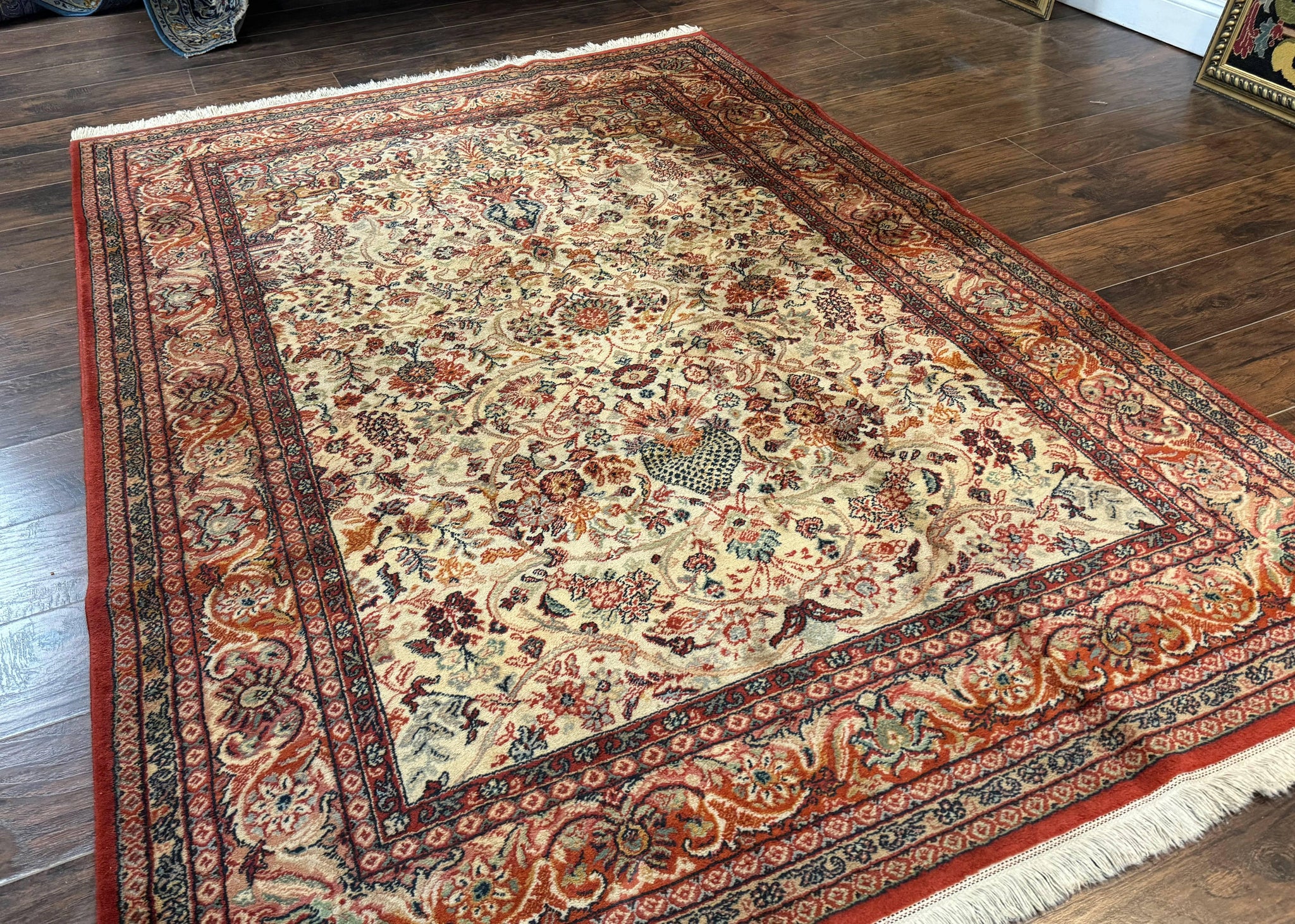 Antique Persian Rug 5x7, Allover Floral with Vases, Beige and Red, Belgian Power Loomed Rug, Vintage by Jewel Rugs