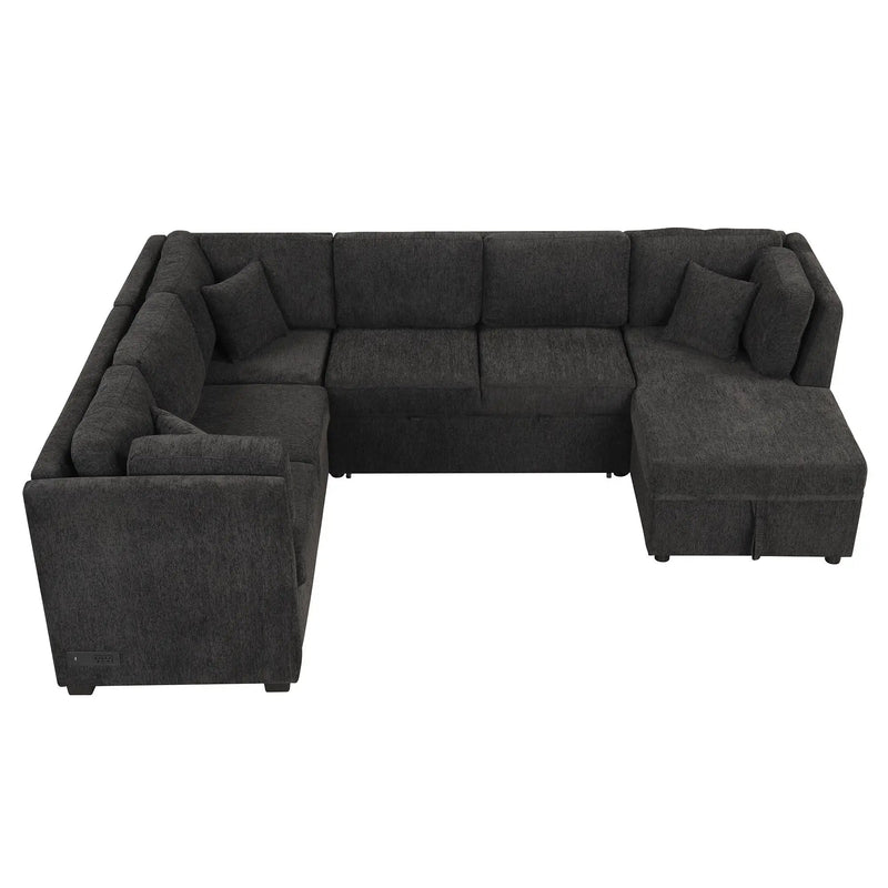 U-Shaped Sectional Sofa Pull Out Sofa Bed With Two USB Ports, Two Power Sockets, Three Back Pillows And A Storage Chaise For Living Room by HouseOfZazla