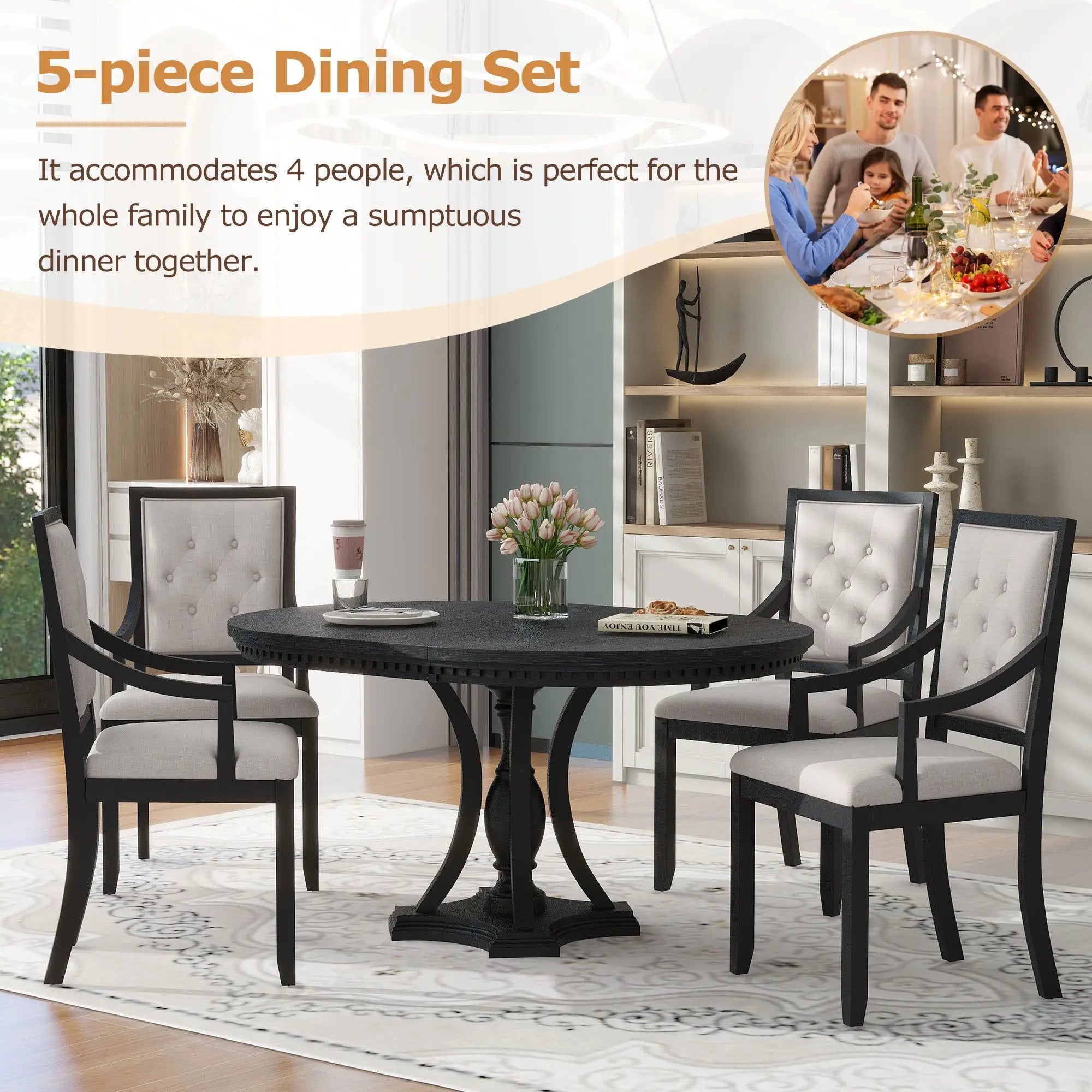 5 Piece Dining Set Extendable Round Table And 4 Chairs - Black / Oak by HouseOfZazla