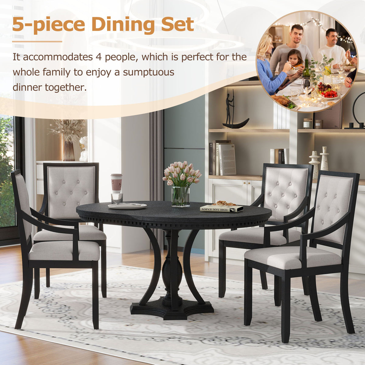 Extendable 5 Piece Dining Set with Cushioned Chairs - Black/Oak, photo 21 of 21