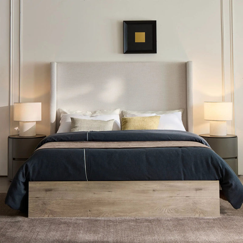 Shelton - Queen Upholstered Wingback Bed With 54" High Headboard - Ivory / Light Gray / Camel Oak by HouseOfZazla
