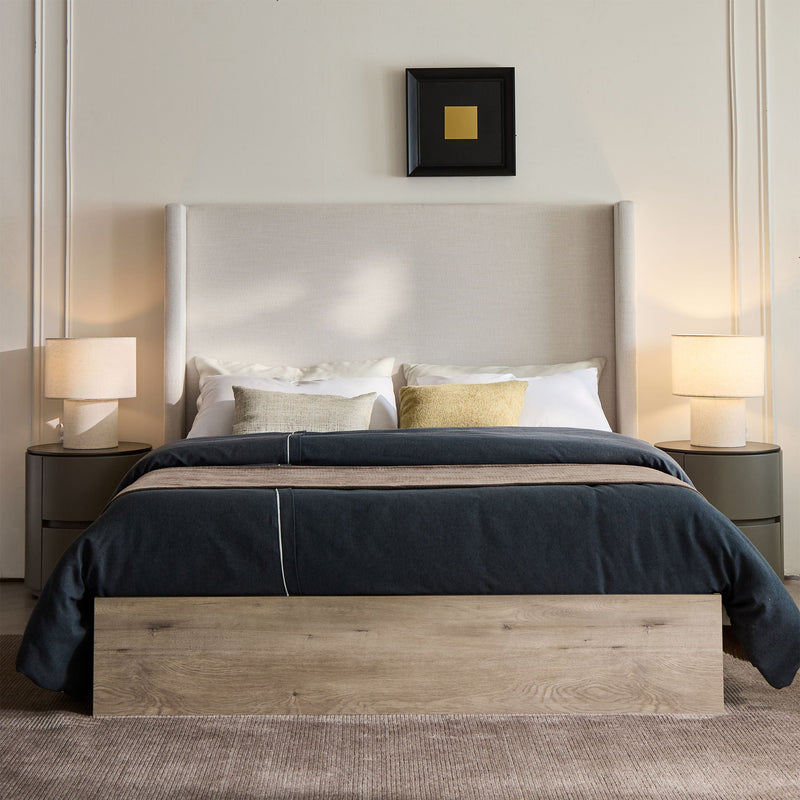 Queen Upholstered Wingback Bed with 54" High Headboard - Ivory / Light Gray / Camel Oak, photo 14 of 14