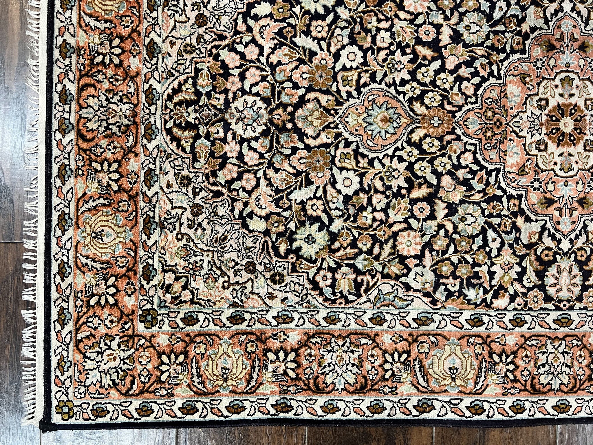 Silk Indian Kashmiri Rug 3x5, Indo Persian Silk on Silk Carpet, Very Fine 350 KPSI, Navy Blue, Handmade, Floral Medallion by Jewel Rugs
