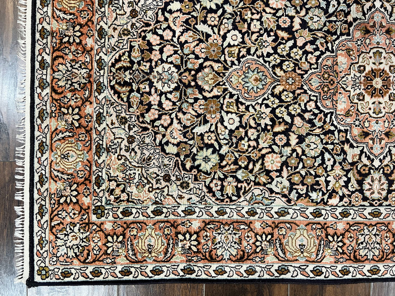 Silk Indian Kashmiri Rug 3x5, Indo Persian Silk on Silk Carpet, Very Fine 350 KPSI, Navy Blue, Handmade, Floral Medallion by Jewel Rugs