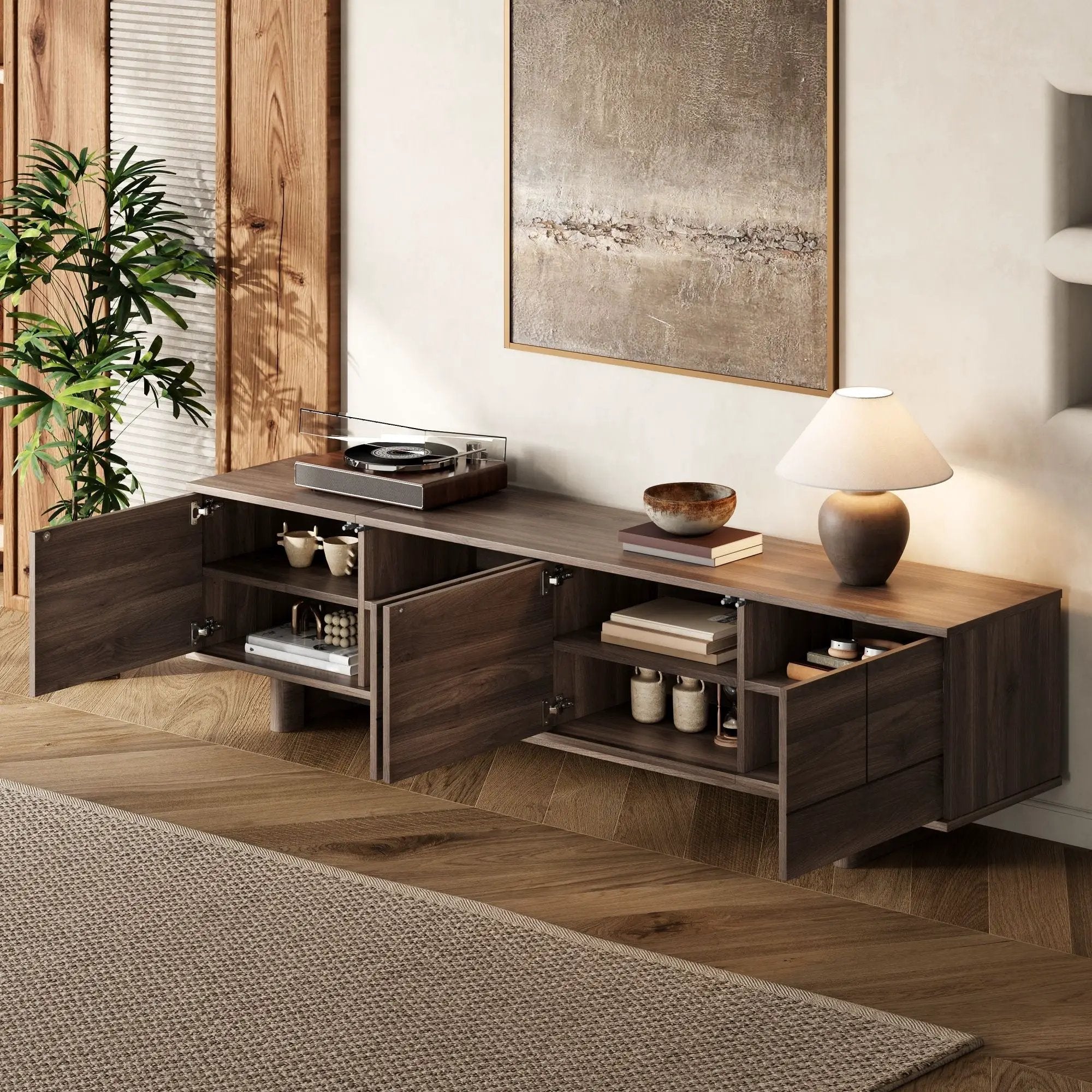 TV Stand For TVs Up To 85", Entertainment Center, Cable Management, Push Openers, Soft Closing Hinges & Adjustable Shelves - Dark Brown by HouseOfZazla