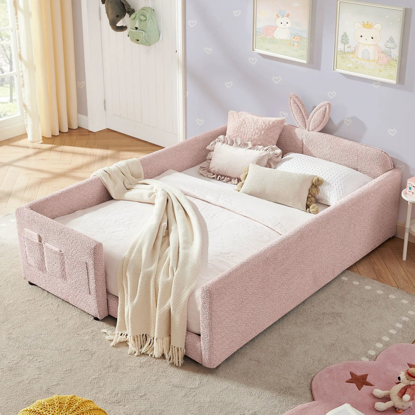 Cute Rabbit Ear Upholstered Platform Bed Frame With Safety Rail by HouseOfZazla